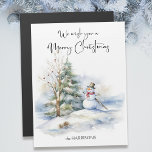 Watercolor Snowman and Merry Christmas Greeting<br><div class="desc">Sweet smiling snowman with pine tree and decorated bare tree.</div>
