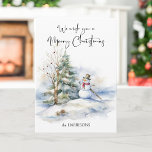 Watercolor Snowman and Merry Christmas Greeting Card<br><div class="desc">Sweet smiling snowman with pine tree and decorated bare tree with Merry Christmas calligraphy. Message inside.</div>