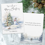 Watercolor Snowman and Merry Christmas Greeting Holiday Card<br><div class="desc">Sweet smiling snowman with pine tree and decorated bare tree. Message on back.</div>