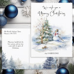 Watercolor Snowman and Merry Christmas Greeting Holiday Postcard<br><div class="desc">Sweet smiling snowman with pine tree and decorated bare tree with Merry Christmas calligraphy message.</div>