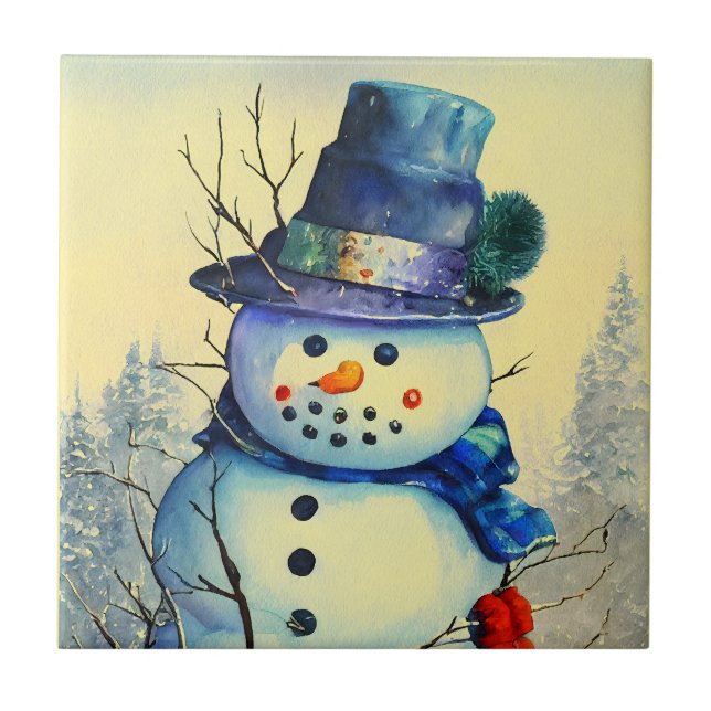 Watercolor Snowman Ceramic Tile (Front)