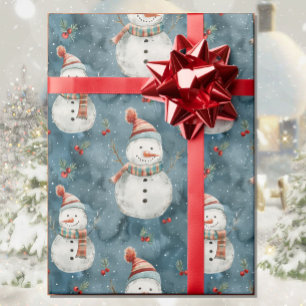 Watercolor Snowman Christmas Cottage Country Wrapping Paper
