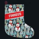 Watercolor Snowman Christmas Personalized Large Christmas Stocking<br><div class="desc">Adorable cozy snowmen in warm red scarves and warm knit hats and a pretty green, red and blue pine tree background personalized Christmas stocking.</div>