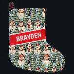 Watercolor Snowman Christmas Personalized  Large Christmas Stocking<br><div class="desc">Watercolor cozy snowmen in warm red scarves and warm knit hats and a pretty green,  red and blue pine tree background personalized Christmas stocking.</div>