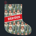 Watercolor Snowman Christmas Personalized  Large Christmas Stocking<br><div class="desc">Watercolor cozy snowmen in warm red scarves and warm knit hats and a pretty green,  red and blue pine tree background personalized Christmas stocking.</div>