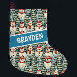 Watercolor Snowman Christmas Personalized  Large Christmas Stocking<br><div class="desc">Watercolor cozy snowmen in warm red scarves and warm knit hats and a pretty green,  red and blue pine tree background personalized Christmas stocking.</div>