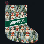 Watercolor Snowman Christmas Personalized  Large Christmas Stocking<br><div class="desc">Watercolor cozy snowmen in warm red scarves and warm knit hats and a pretty green,  red and blue pine tree background personalized Christmas stocking.</div>