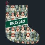 Watercolor Snowman Christmas Personalized  Large Christmas Stocking<br><div class="desc">Watercolor cozy snowmen in warm red scarves and warm knit hats and a pretty green,  red and blue pine tree background personalized Christmas stocking.</div>