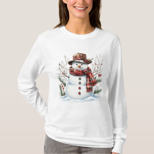 Watercolor Snowman Classic Plaid Scarf Winter T-Shirt