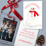 Watercolor Snowman Cute Happy Holidays Photo Holiday Card<br><div class="desc">This cute card features a hand painted watercolor snowman with a carrot nose and red scarf. There is space inside for your photo and a custom greeting. Fun way to send Christmas or non-specific seasonal cheer.</div>
