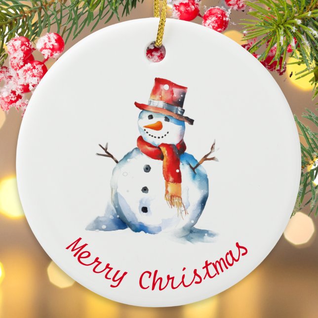 Watercolor Snowman Cute Personalized Christmas Ceramic Ornament (A Christmas ornament with snowman picture in a watercolor style, and custom text on the back)