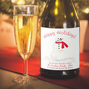 Watercolor Snowman Happy Holidays Red & White Sparkling Wine Label