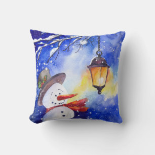 Watercolor snowman Merry Christmas New Year night Throw Pillow