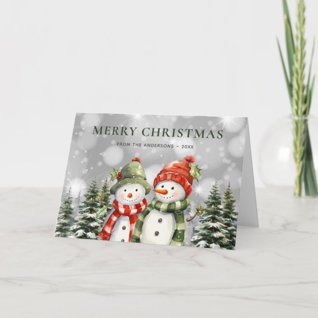 Watercolor Snowman Poinsettia Merry Christmas Holiday Card (Front)
