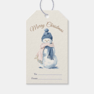 Watercolor Snowman Winter Blue & Blush Christmas Gift Tags