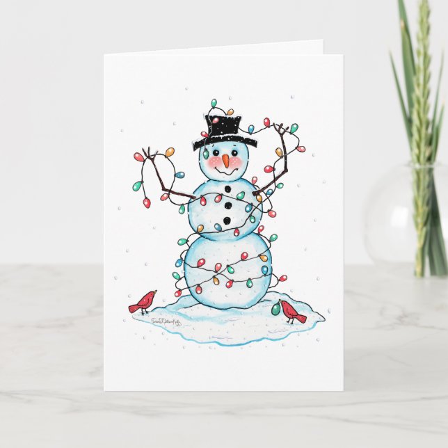 Watercolor Snowman Wrapped in Lights Greeting Card (Front)