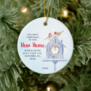 Watercolor Snowy Birdhouse Personalized New Home Ceramic Ornament
