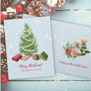 Watercolor Snowy Christmas Tree Gifts and Candles Card