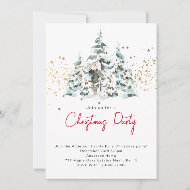 Watercolor Snowy Christmas Trees Party Invitation (Front)