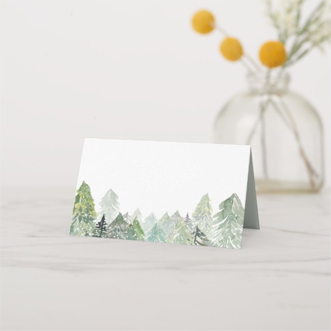 Watercolor Snowy Evergreen Forest Landscape Winter Place Card (Front)