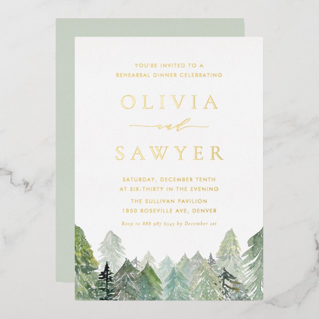 Watercolor Snowy Evergreen Forest Rehearsal Dinner (Front/Back)