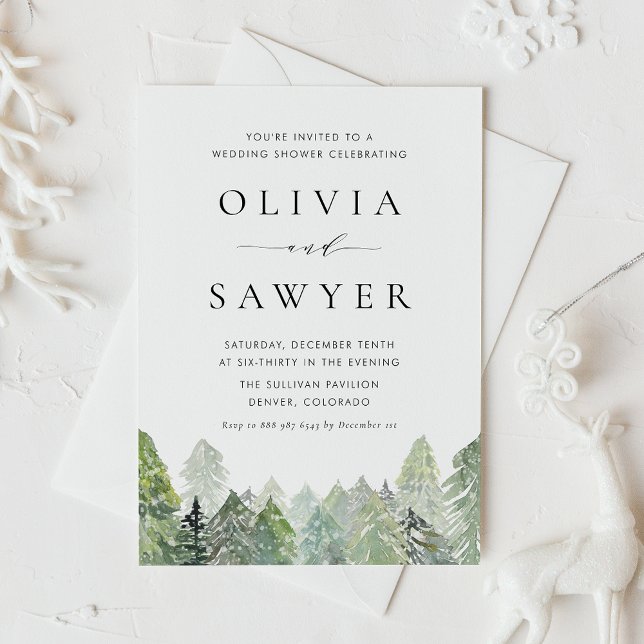 Watercolor Snowy Evergreen Forest Wedding Shower Invitation (Creator Uploaded)