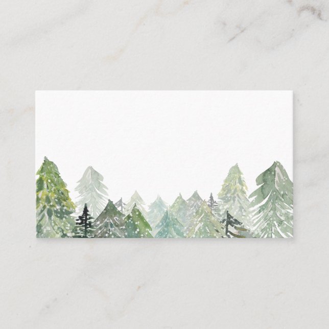 Watercolor Snowy Evergreen Forest Winter Place Card (Front)