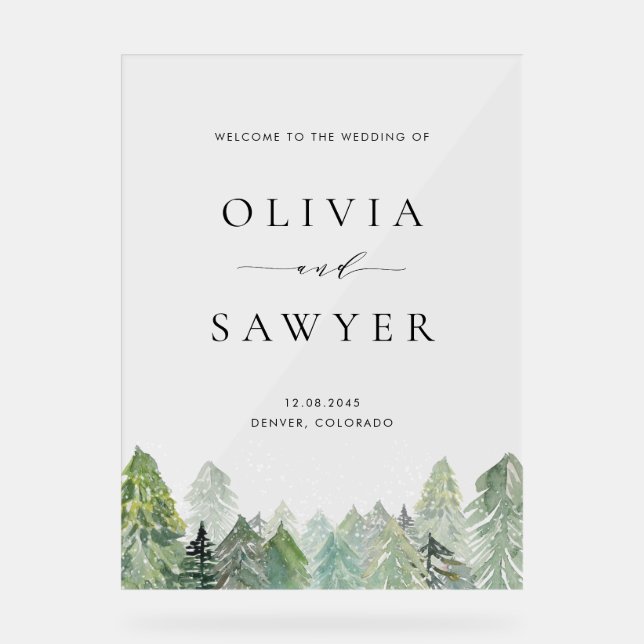 Watercolor Snowy Evergreen Forest Winter Wedding Acrylic Sign (Front)