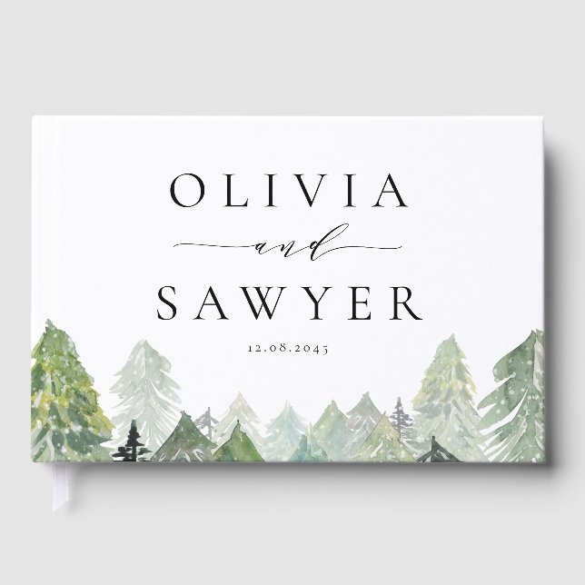 Watercolor Snowy Evergreen Forest Winter Wedding Guest Book (Front)