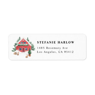 Watercolor Snowy Forest Red Cottage Christmas