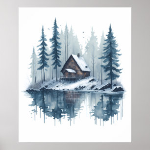 Watercolor Snowy Landscape with Lakeside Cabin Poster