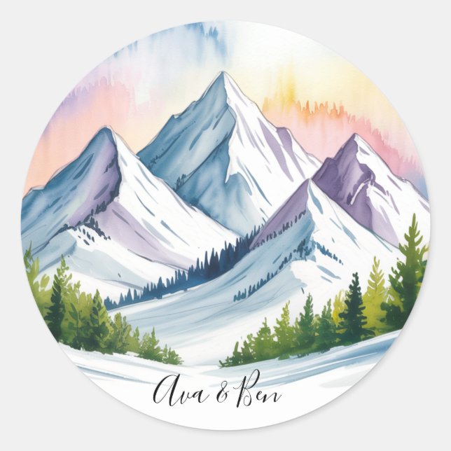 Watercolor Snowy Mountain Landscape Wedding Classic Round Sticker (Front)