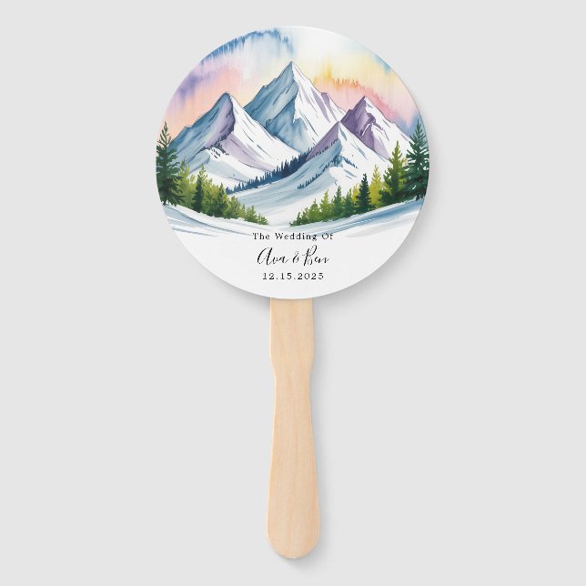 Watercolor Snowy Mountain Landscape Wedding Hand Fan (Front)