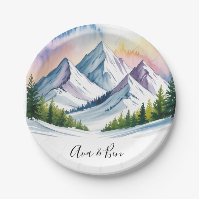 Watercolor Snowy Mountain Landscape Wedding Paper Plate (Front)