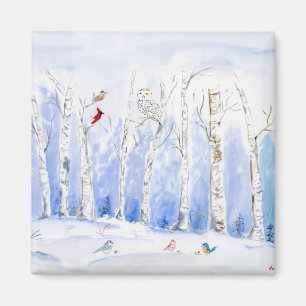 Watercolor Snowy Owl, Song Birds And Birch Trees Magnet