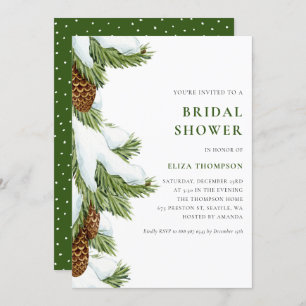 Watercolor Snowy Pine Needles Bridal Shower Invitation
