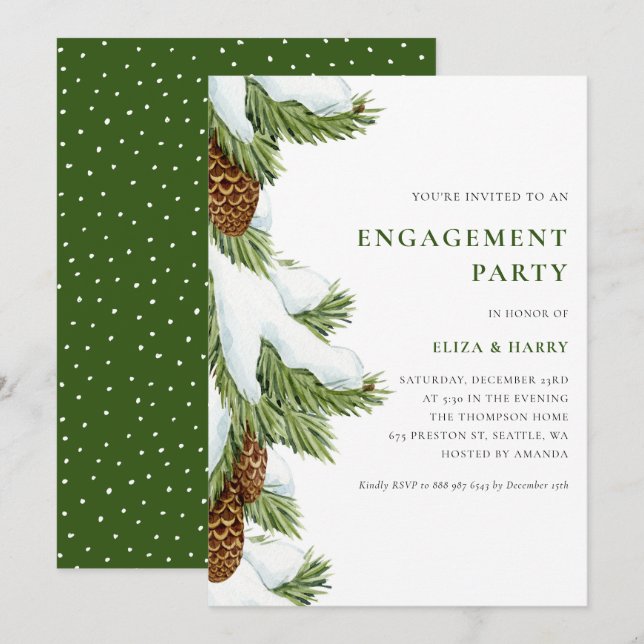 Watercolor Snowy Pine Needles Engagement Party Invitation (Front/Back)