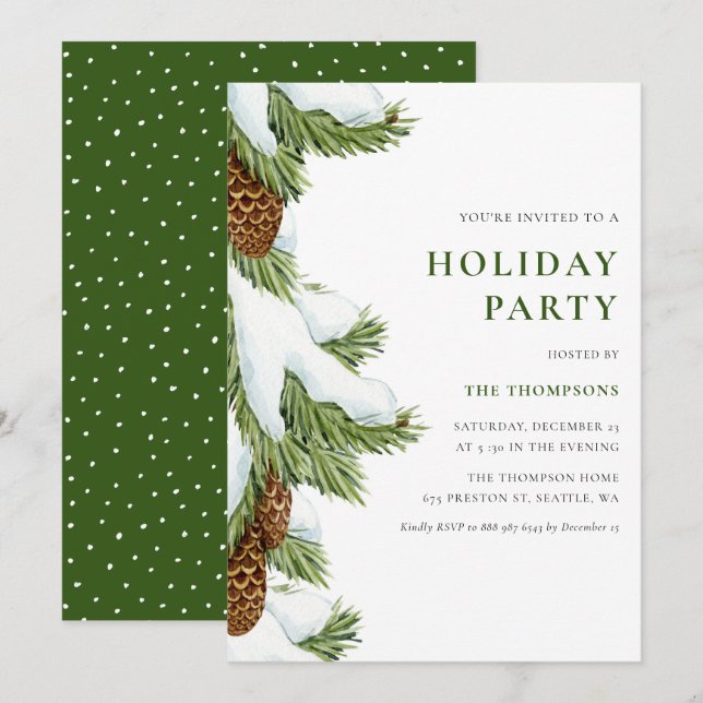 Watercolor Snowy Pine Needles Holiday Party Invitation (Front/Back)