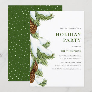 Watercolor Snowy Pine Needles Holiday Party Invitation