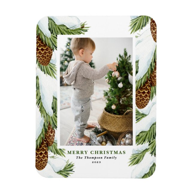 Watercolor Snowy Pinecones Christmas Photo Magnet (Vertical)