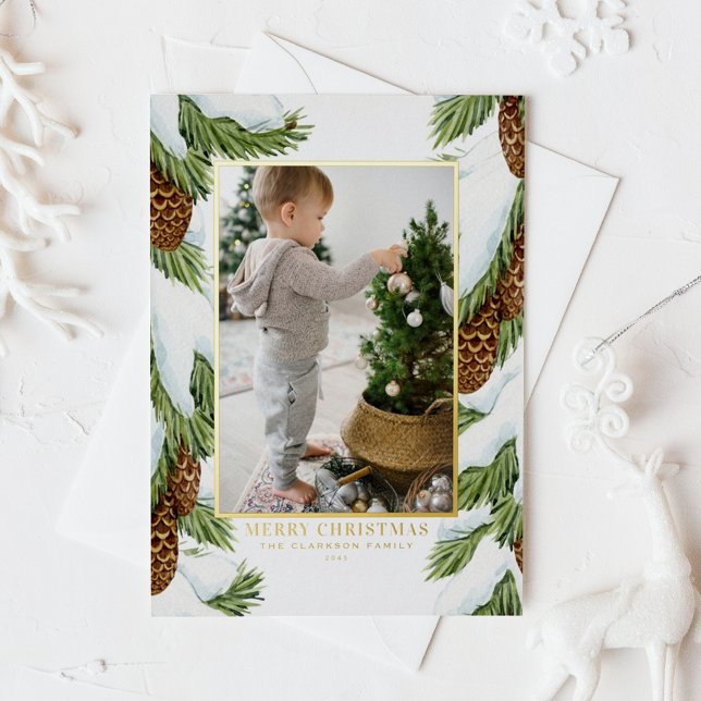 Watercolor Snowy Pinecones Merry Christmas Photo Foil Holiday Card (Customizable gold foil photo Christmas card featuring snowy watercolor balsam fir cones)
