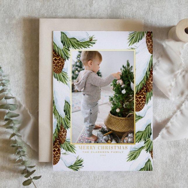 Watercolor Snowy Pinecones Photo Merry Christmas Foil Holiday Card (Customizable gold foil photo Christmas card featuring snowy watercolor balsam fir cones)