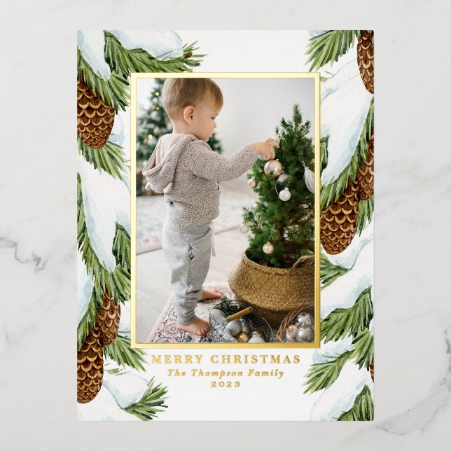 Watercolor Snowy Pinecones Photo Merry Christmas Foil Holiday Postcard (Front)