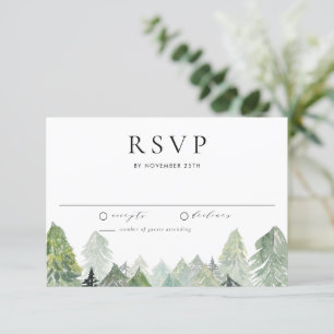 Watercolor Snowy Winter Evergreen Forest Wedding RSVP Card