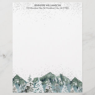 Watercolor Snowy Winter Mountains Forest Trees Letterhead