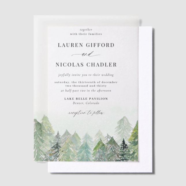 Watercolor Snowy Woodland Winter Wedding Vellum Invitations (Offset)