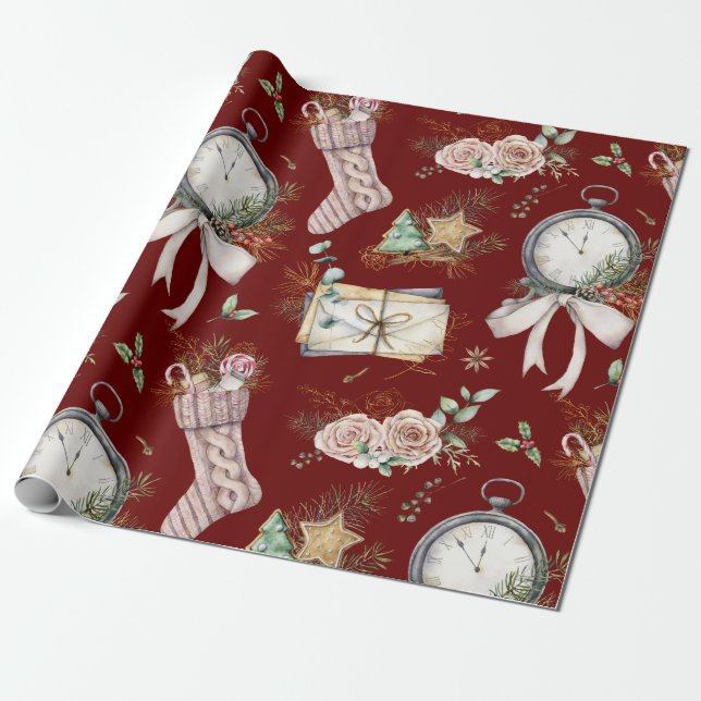 Watercolor Sock/Clock Christmas Pattern Wrapping Paper (Unrolled)