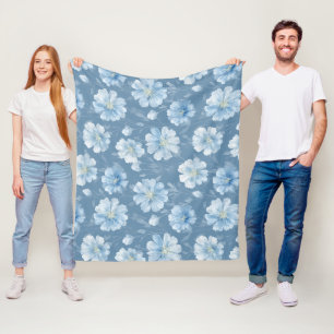 Watercolor Soft Blue Flower White Floral Pattern Fleece Blanket