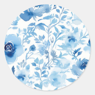 Watercolor Soft Blue Flowers Pattern Classic Round Sticker