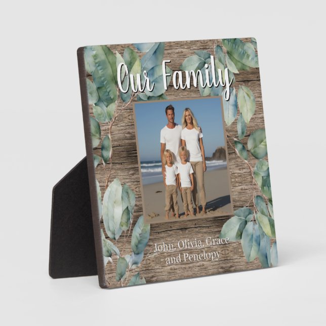 Watercolor soft greenery personalize Family photo Plaque (Front)